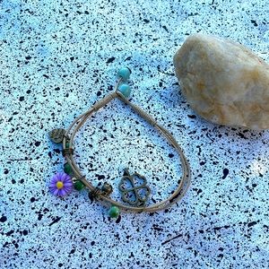 Violet Daisy Brass Four Leaf Clover Ceramic Beaded Corded Bead Toggle Bracelet